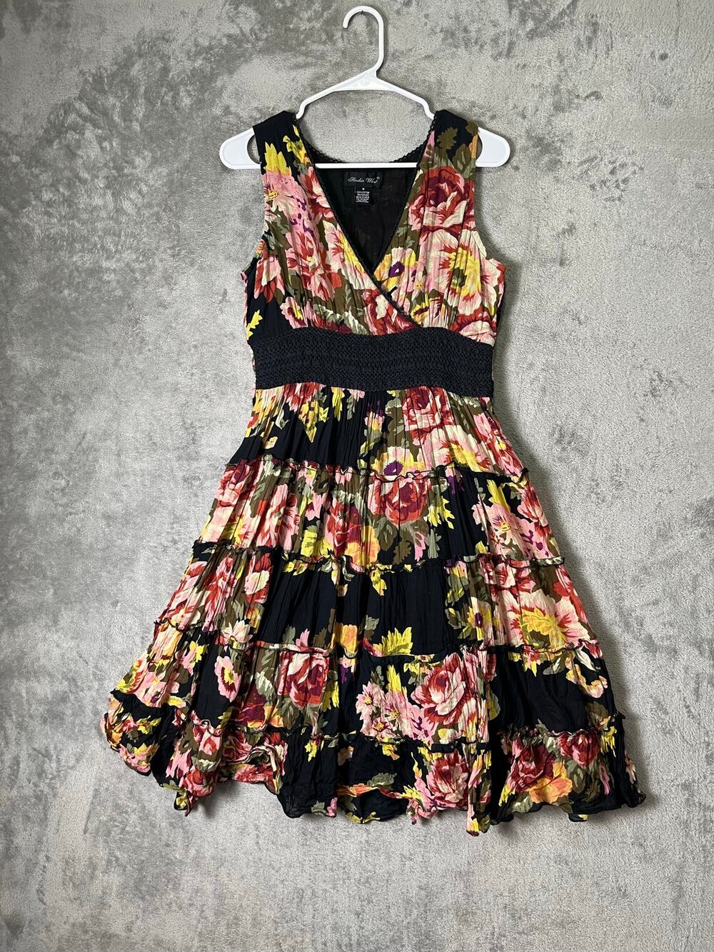 Vintage Floral Tiered Dress Black Pink Yellow Pleated Romantic Boho Cottagecore